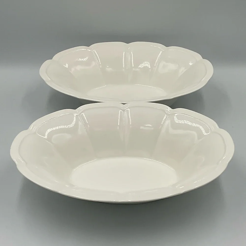 2 Oblong White Scalloped Ceramic Serving Bowls